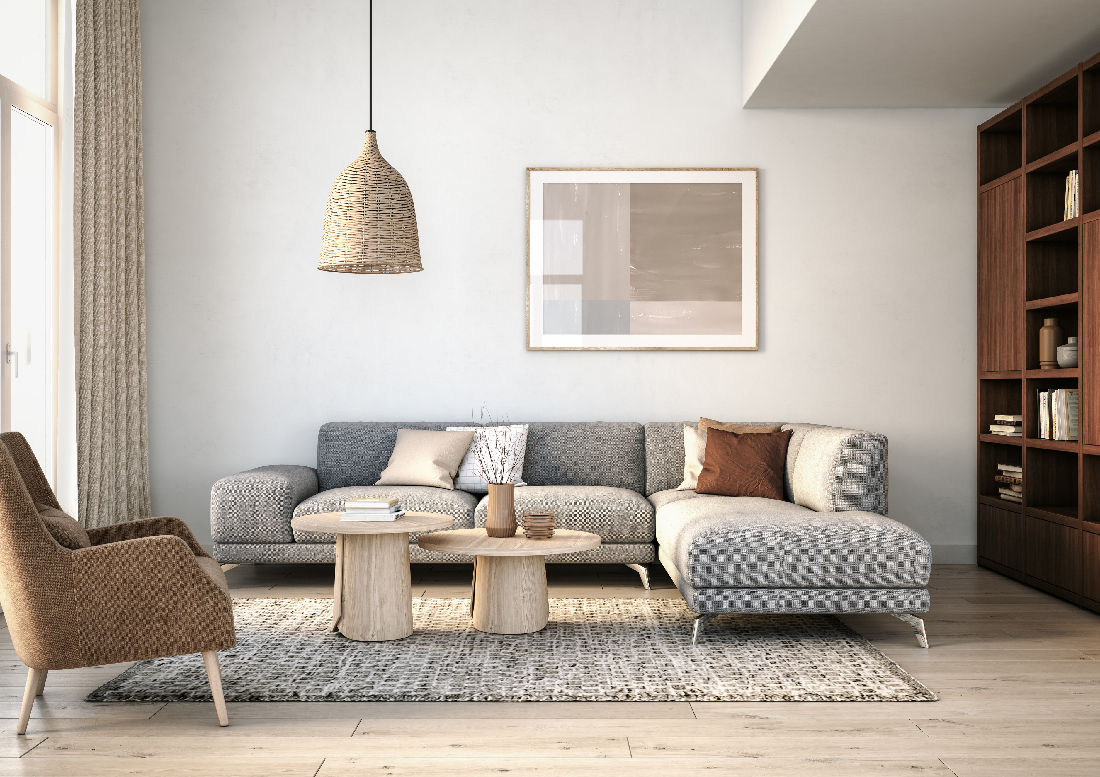 Wohnzimmer im skandinavischen Stil mit grauem Sofa und Holz-Beistelltischen